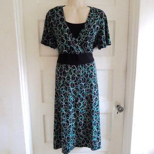 Notations Stretchy Green & Black Circle Print Flutter Sleeve Dress M